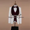 Costumes pour hommes, revers en velours rouge, Jacquard blanc pour mariage, 3 pièces, mode masculine, Blazer, gilet, pantalon, petit ami, marié, Tuxedos