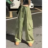 Kadın Kotları Kadın Yeşil Kargo Vintage Sokak Giyim Geniş Bacak Pantolon Bolca Yüksek Bel High Cast Düz Denim Pantolon Bayanlar Botlar Yaz
