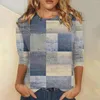 Women's T Shirts Quarter Sleeved Round Neck Retro Checkered Printed Top Low Back