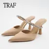 Traf Summer Heels Women Pumpar Rhinestone High Heels Mules Elegant Office Modern Slingback Heeled Shoe Beige Black Heels 240102