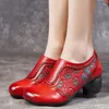Dress Shoes Johnature 2024 Vintage Handmade Genuine Leather Pumps Ethnic Style Flower Mid Heel Round Toe Versatile Women's