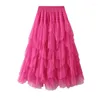 Jupes femmes Tulle jupe longue 2024 été coréen doux à la mode à plusieurs niveaux une ligne taille haute plissée Maxi maille femme P433