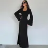 Robes décontractées Sexy à lacets longue pour les femmes côtelées manches trompette robe maxi femme fête discothèque robe élégante robe vestido