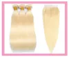 Brasilianisches 613-blondes Echthaar, blond, glatt, 3 Bündel mit 4 x 4-Spitzenverschluss, mit Babyhaarverlängerungen, 613-Farbe, 8167689