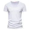 남성용 T 셔츠 여름 판매 단색 대나무 매듭 면화 V- 넥 짧은 슬리브 티셔츠 순수한 의류