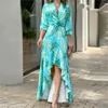 Casual Dresses Fashion V Neck Oregelbundet hem Maxi Dress Women 2024 Spring Print Ruffled Splic Office Ladies Elegant For Robe Femme