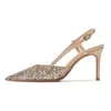 Sapatos de vestido Ponto Toe Glitter Sandálias Mulheres 8cm Salto Alto Ouro Senhoras Verão Mulher