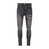 Men's Jeans Streetwear Fashion Men Retro Black Blue Stretch Skinny Fit Ripped Leather Patched Designer Hip Hop Brand Pants