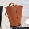 Sangle Orta Kova Çantaları Triomphe Tuval Çizgili Tekstil Küçük Kova Cuir Tekstil Doğal Tan Crossbody Omuz Çantası Dekoratif Metalik