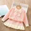 Kleidung Sets Kinder Mädchen Pullover Herbst Bogen Knoten Stricken Prinzessin Stil Zwei Stück Set Gestreifte Runde Kragen Taste Dekorieren