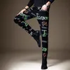 Light Luxury Men's Slim-Fit Stretch Jeansletters Graffiti Decors Denim Pants Hip Hop Street Fashion Black Jeans Pants; 240102