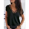 Women's Blouses Elegant Pullover Blouse Summer Casual Loose Fitting Short Sleeved Deep V-neck Lace Black And White Shirt Top Femme Blusa