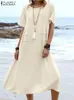 Sukienki Zanzea Summer Cotton Midi Dress Women 2023 Casual Lightweight Beach Sundress Vintage okrągła szyja Krótkie rękawie Wakacje