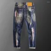 Jeans pour hommes Mode Trou Patchs Slim Jean Pour Hommes Bleu Éclaboussé Peinture Pantalon Personnalisé Patchwork Élastique Vaqueros Hombre