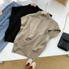 Damesblouses 2024 Modieus Gebreid Vest Overhemd Effen Opstaande Kraag Slanke Blouse Korte Mouw Kantoor Dame Losse Elegante Rechte Tops 18842