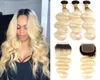 Body Wave Malaysian Human Hair 1B613 Ombre Blonde Bunds med stängning Peruansk brasiliansk blondt jungfruhårväv med 44 LACE5032356