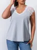 Camicie Grigio Taglie Forti 4XL Magliette in Pizzo da Donna Manica Corta in Pizzo con Scollo a V Camicette Oversize Curvy 2023 Estate Casual Solido Top Femminili