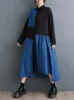 Lässige Kleider 2024 Ankunft Japanischer Korea-Stil Patchwork Dunkelschwarz Lose Herbstblusenkleid Mode Frauen Frühling Midi