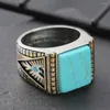 Cluster Rings Fashion Vintage Square Turquoise Stones For Men Feather Carving Accessories Jewelry Bague Masculine Cool Band Gift