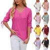 Frauen T Shirts 2024 Frühling Und Sommer Taste-unten V-ausschnitt Einfarbig Mid-hülse Lose T-shirt Tops offizielle Shop Ropa De Mujer