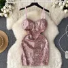 Casual Dresses Summer European och American Fashion Sequined Suspender Dress Female Design Sense Niche Chic Slim Fit Buttocks Babes kjol