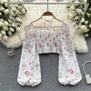 Damesblouses Zomer Franse stijl Print Korte blouse 2024 Lange mouwen Elastisch Strandtop Damesmode Ruglooze Ruches Bloemen