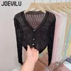 Blouses pour femmes Col en V Cardigan tricoté en soie glacée évider haut court mince Protection solaire d'été châle chemise décontractée avec jupe à bretelles