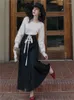 Work Dresses Modern Women Winter 2 Piece Dress Suit White Lantern Sleeve Pullover Sweater & Black Bandage Maxi Skirt Lady Medieval Outfits