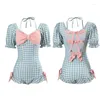 Kvinnors badkläder Kvinnor Swimsuit Korean One Piece Blue Plaid Bowknot Konservativ Student Spring Monokini Holiday Suit