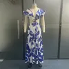 Wefads Damen-Maxikleid, Sommer, sexy, modisch, undichte Taille, V-Ausschnitt, rückenfrei, Schmetterling, kurzärmelig, bedruckt, langes Kleid 240102