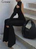 Carino Solido Nero Sexy Backless Aderente Gamba larga Tuta Donna Autunno Casual Slim Manica lunga Oneck Tutina Lady Streetwear 231229