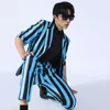 Korean Style Men Casual Stripes Suit Blue Black Single Button Slim Fit Halt Sleeve Blazer Pantsuit Bar Singer Stage Hairdresser Nightclub Party 2PCS Set