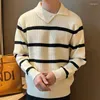 Mäns tröjor koreanska herrkontrastränder stickade tröja LAPEL POLO VARM PERSONITY PULLOVER HERREN ROPA DE HOMBRE