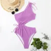 Women's Swimwear One Shoulder Swimsuit Piece Cut Out Sexy Women 2024 Textured Monokini Solid Bathing Suit Beach Wear Purple