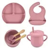 6 pièces/ensemble assiette à manger en Silicone pour bébé avec bol à ventouse, bavoirs cuillère fourchette sans BPA, vaisselle d'alimentation pour enfants, plats pour bébés 240102