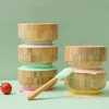 Baby Feeding Bowl Food Tableware Kids Wooden Training Plate Silicone Suction Cup Removable Wooden Fork Spoon Children's Dishes 231229