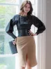 Arbeitskleider Mode Koreanischen Stil 2 Stück Outfits Frauen Vintage Langarm Schwarz Tops Bluse Khaki Midi Rock Femme Street Party Sets Mujer