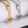 Light Luxury Style T 18K Gold Titanium Steel T Letter Necklace Classic Blue Oil Drop Lock key Double Layer Heart Shape Necklace