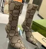 Buty Projekt hakerów Aria Knitted Sock nad kolanami wysoki buty sztyletowe rozciągnij botki na stóp do uda dla kobiet luksusowy skórzany pasek BO