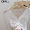 Blouses pour femmes Col en V Cardigan tricoté en soie glacée évider haut court mince Protection solaire d'été châle chemise décontractée avec jupe à bretelles