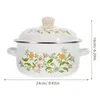 Double Boilers Kitchen Enamel Stockpot Lid Soup Pot Stew Retro Flower Bean Cooking Vintage Simmer Handles