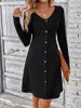 Casual Kleider Mode Solide Rippen Gestrickte Mini Kleid Frauen Taste Langarm EINE Linie 2024 Herbst Dame Streetwear Robe