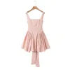 Casual Dresses 2024 Women Sweet Tie Bow Sashes Sexy Backless Dress Waist Spliced Pleated Swing Party Mini Robe