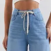 Jean taille haute pour femme, pantalon en Denim, jambes larges, cordon de serrage réglable, élastique, décontracté, Baggy bleu clair