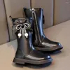 Boots Girls Versatile Black Bow Tassels Pearls Children Mid Calf For Catwalk Zipper Casual Kids 2024 Spring Autumn
