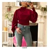 Women's Blouses Vintage Satin Silk Turtleneck Blouse Elegant Long Puff Sleeves Backless Top Shirts And Blusas Para Mujer