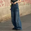 Pantalones vaqueros holgados desgastados con cremallera para mujer, cinta con bolsillos asimétricos, pantalones de pierna ancha de cintura alta, ropa de calle 2024