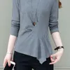 Camisetas De Mujer Otoño E Invierno Jersey Cuello Redondo Patchwork Pliegues Asimétricos Color Sólido Moda Casual Elegante Manga Larga Tops