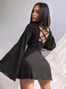 Casual Dresses Bandage Lace Dress Women Autumn Flare Sleeve Waist Slim O-neck Female Mini Fashion Solid A-line Lady Robe 2024