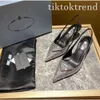 Rhinestone Heel Shallow Mouth Single Shoes Dress Shoes Crystal Satin Sandals Pointed Toe Small Cat Heel Prad Sandal Women Triangle Labeled with box